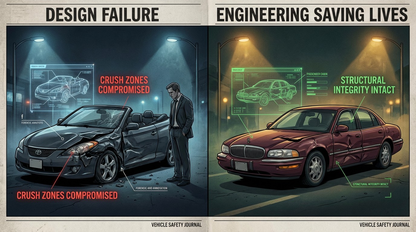 Split visualization of vehicles color-coded by design kill vs driver kill gap scores