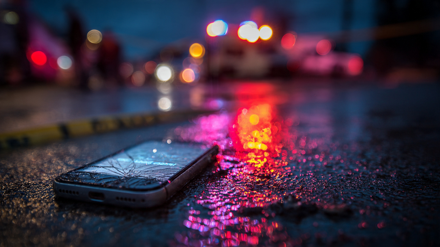 Cracked smartphone on asphalt with police evidence markers at a crash scene