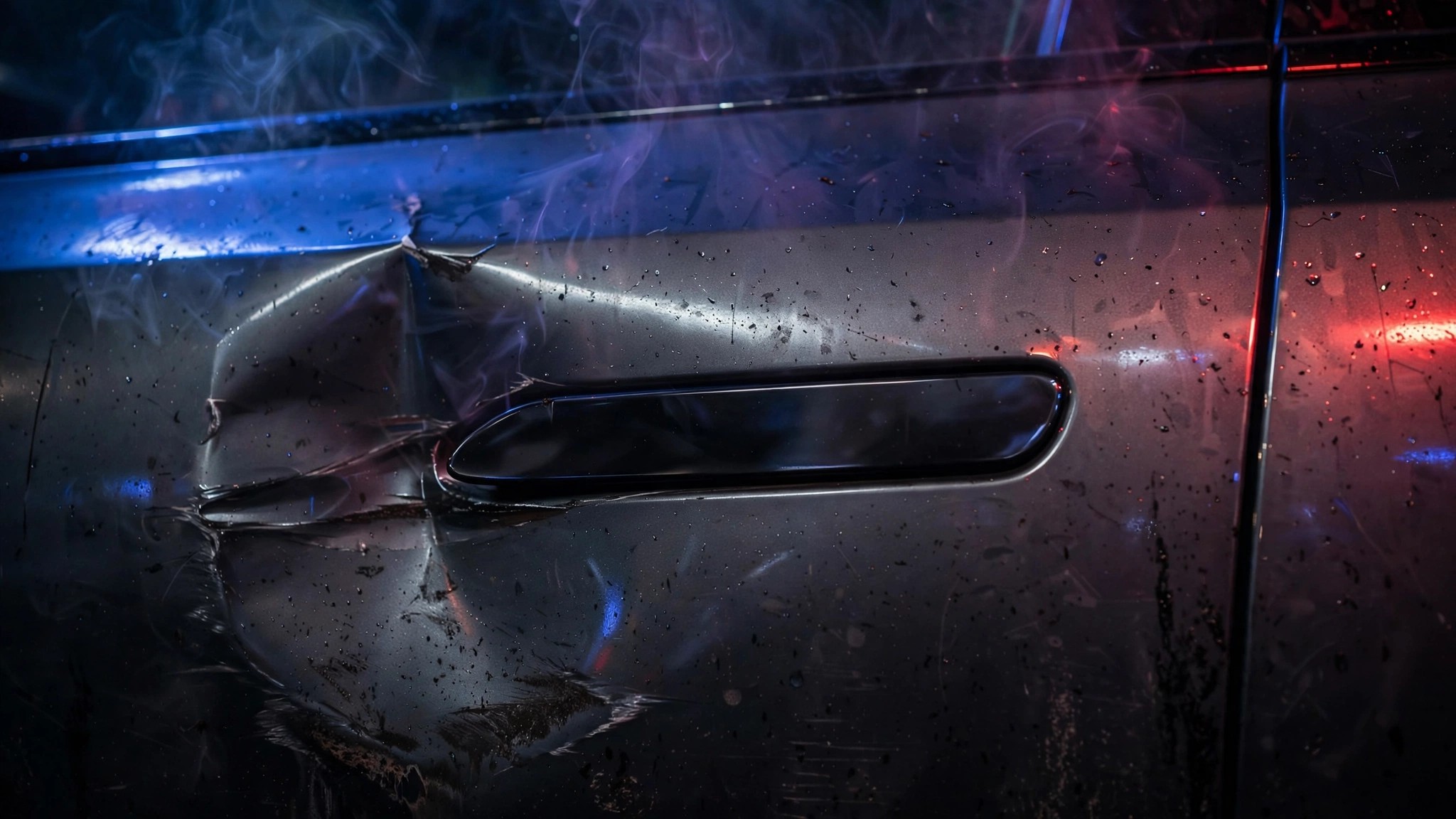 Close-up of a modern flush electronic door handle on a damaged car with faint smoke