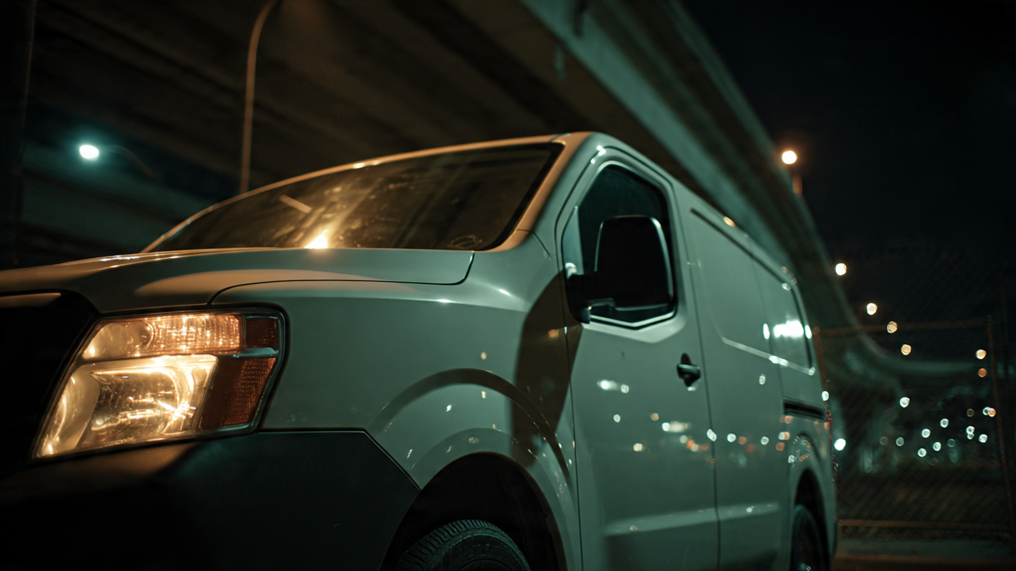 A Nissan NV200 delivery van under dim highway overpass lighting at night, representing the drug-shifted impairment profile of commercial fleet vehicles
