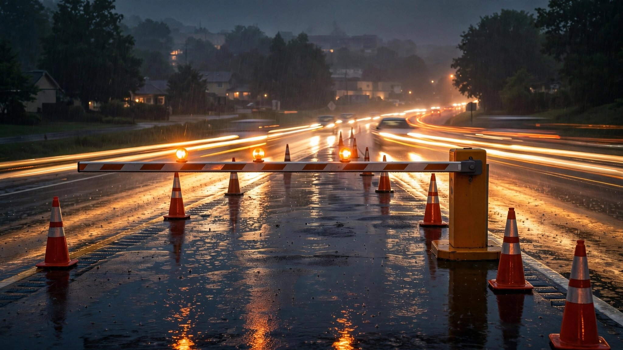 An abandoned DUI checkpoint at night with traffic cones but no officers, cars streaming past unimpeded
