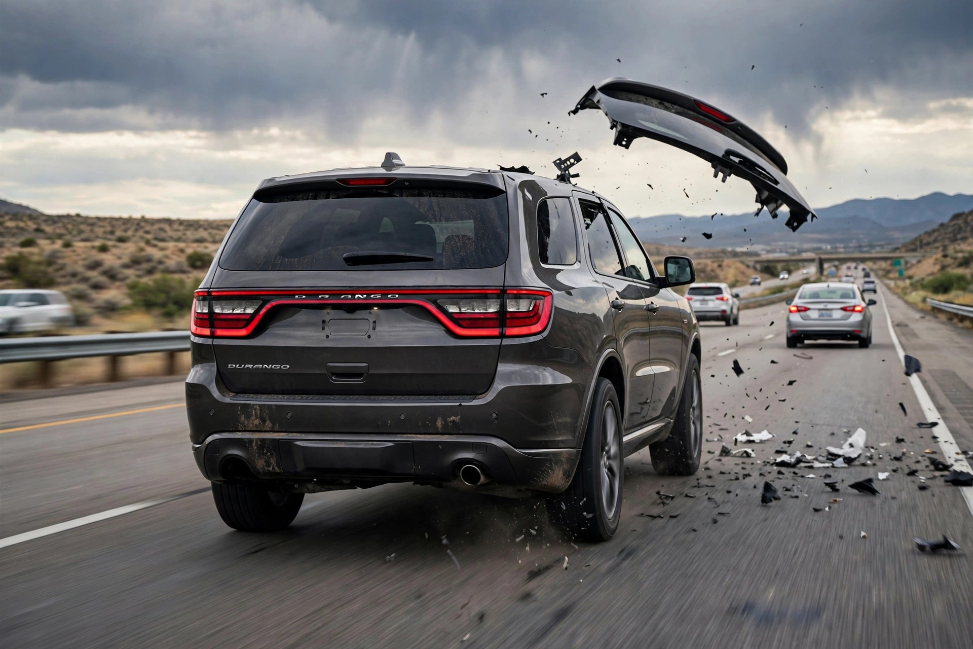 Dodge Durango rear spoiler detaching at highway speed creating road debris hazard