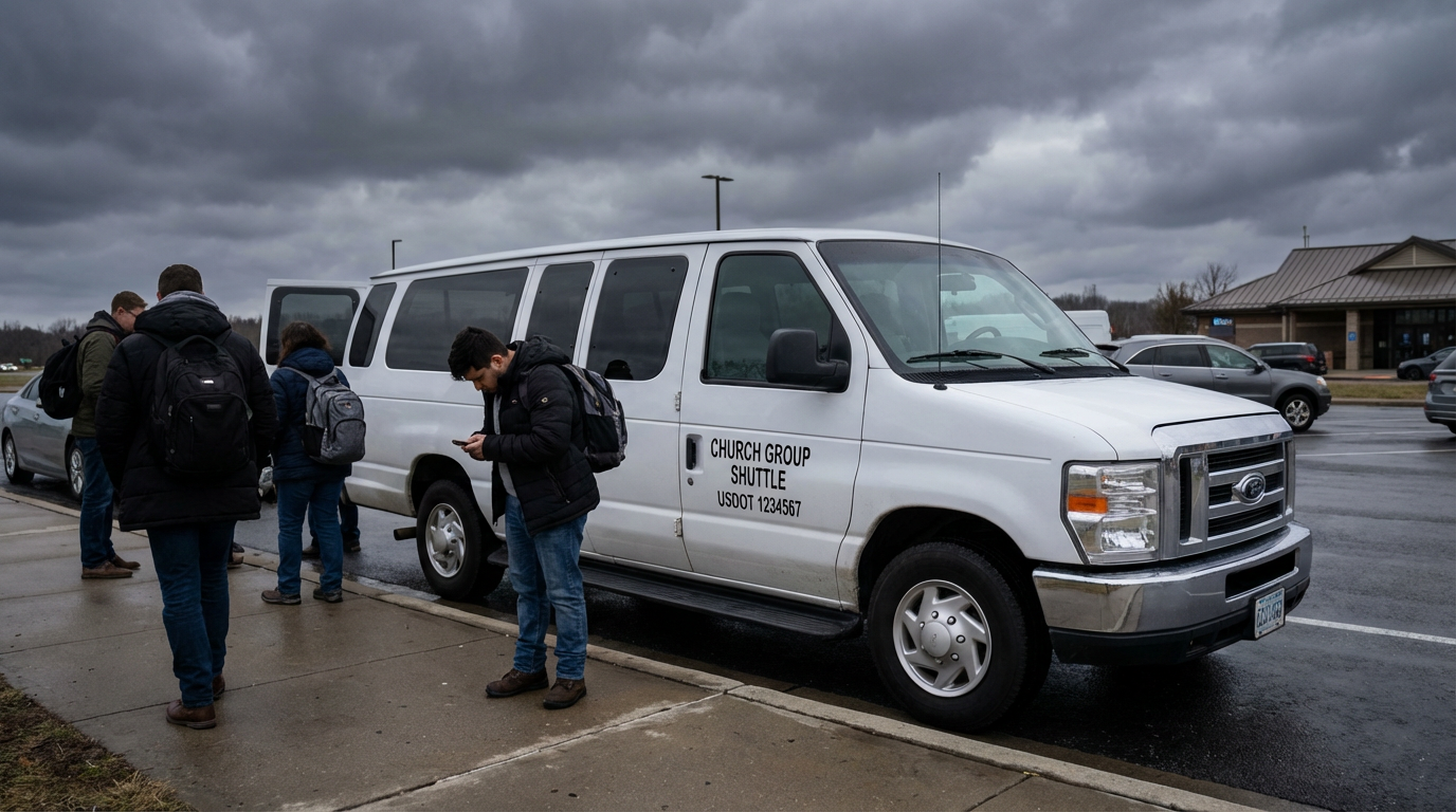A Ford E-350 shuttle van on the highway