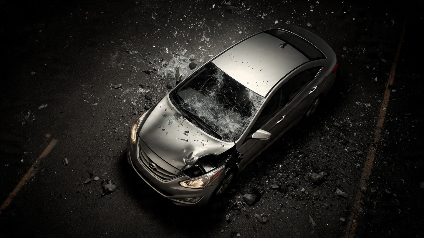 A crumpled 2013 Hyundai Elantra with FARS data overlay showing the model year spike