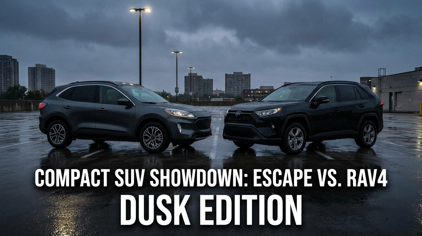 Ford Escape and Toyota RAV4 compact SUVs in a moody parking lot