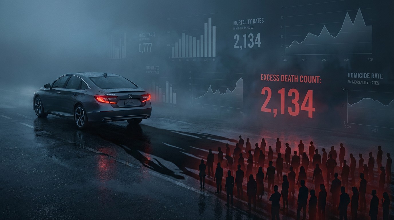 A scale balancing a miniature sedan against a row of silhouetted human figures, set against a dark statistical backdrop