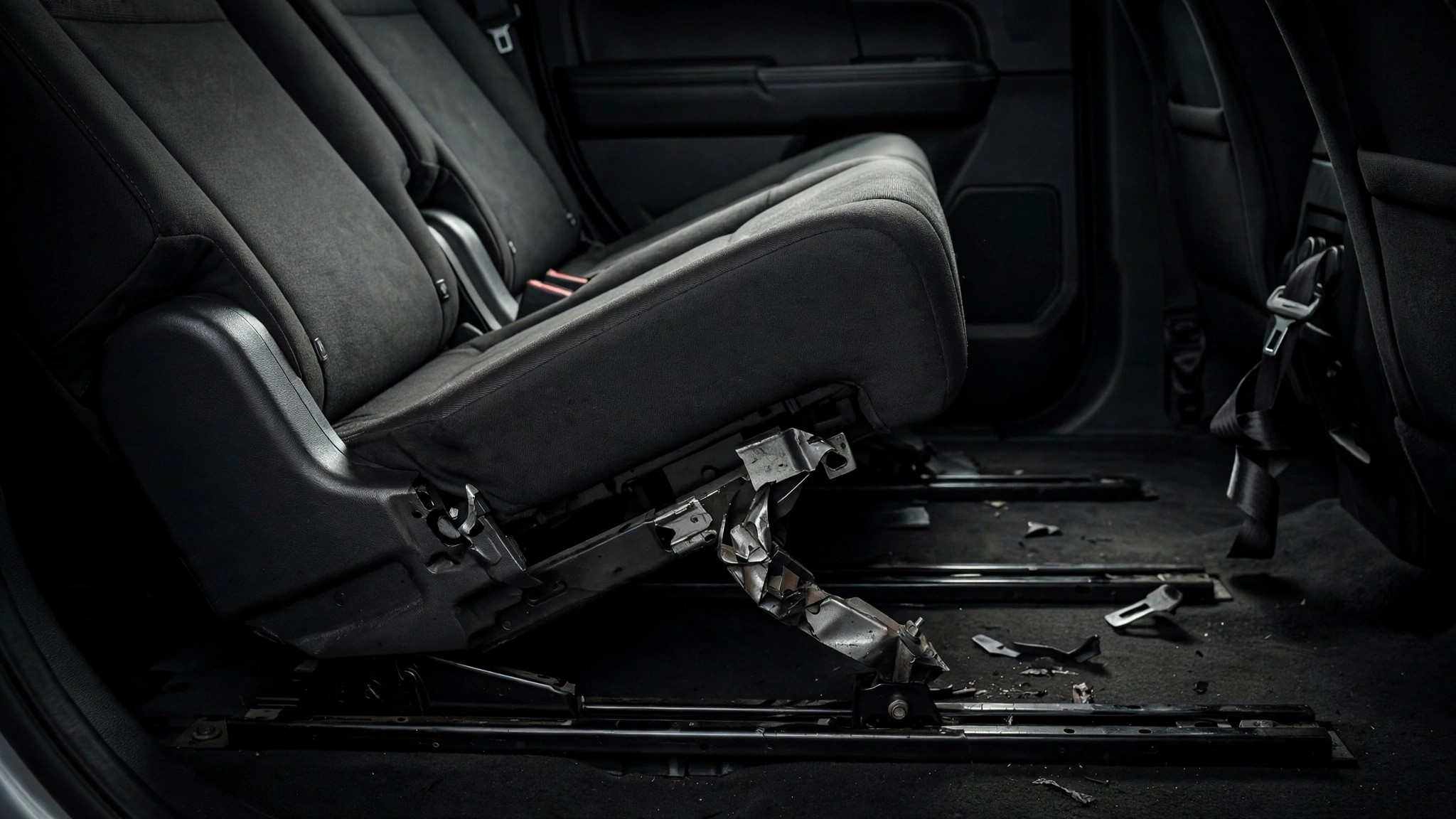 A displaced second-row bench seat in an SUV interior, tilted forward off its floor mount tracks