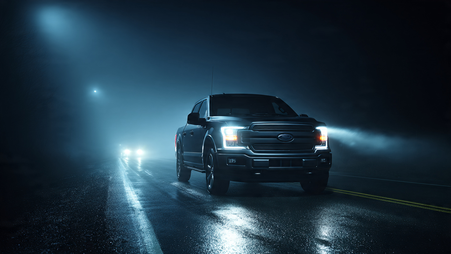 A Ford F-150 casting a long shadow across an empty highway, abstract representation of asymmetric crash lethality