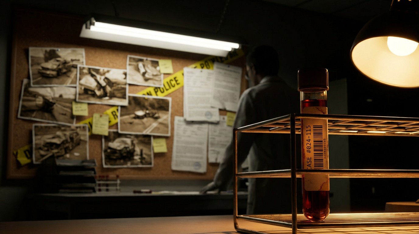 Toxicology lab vial next to a crashed vehicle at night