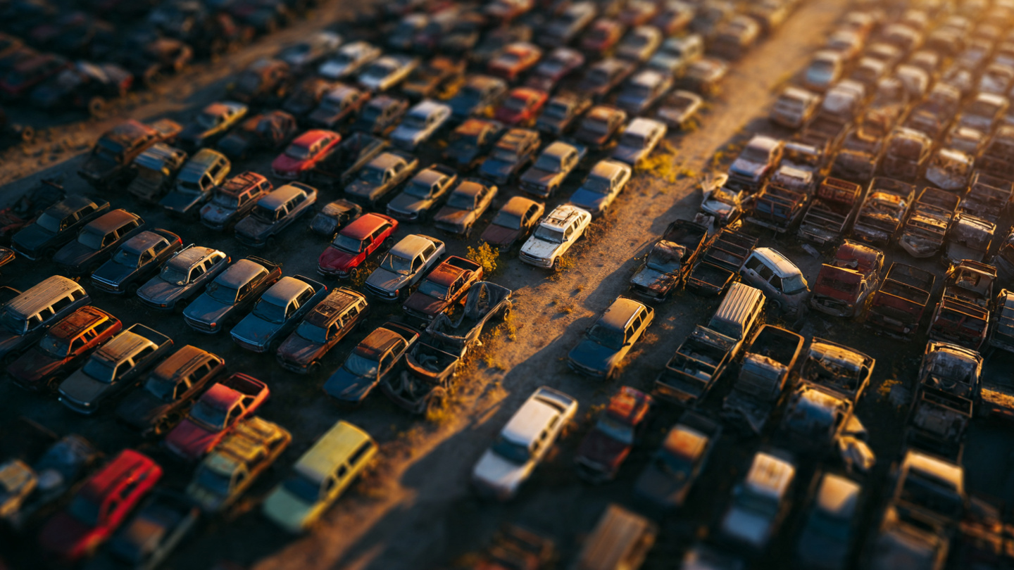 Aerial view of early 2000s trucks rusting in American junkyard