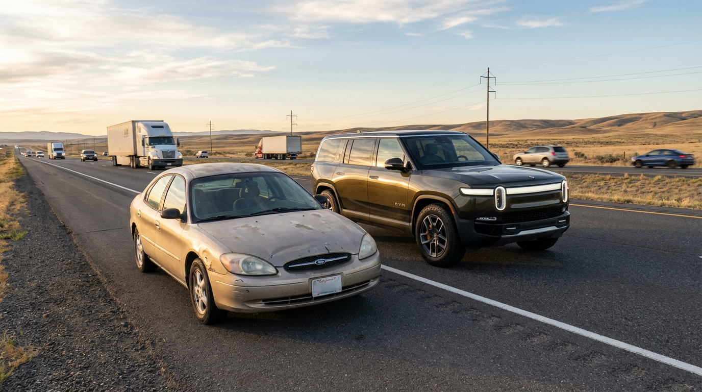 Old and new vehicles on American roads