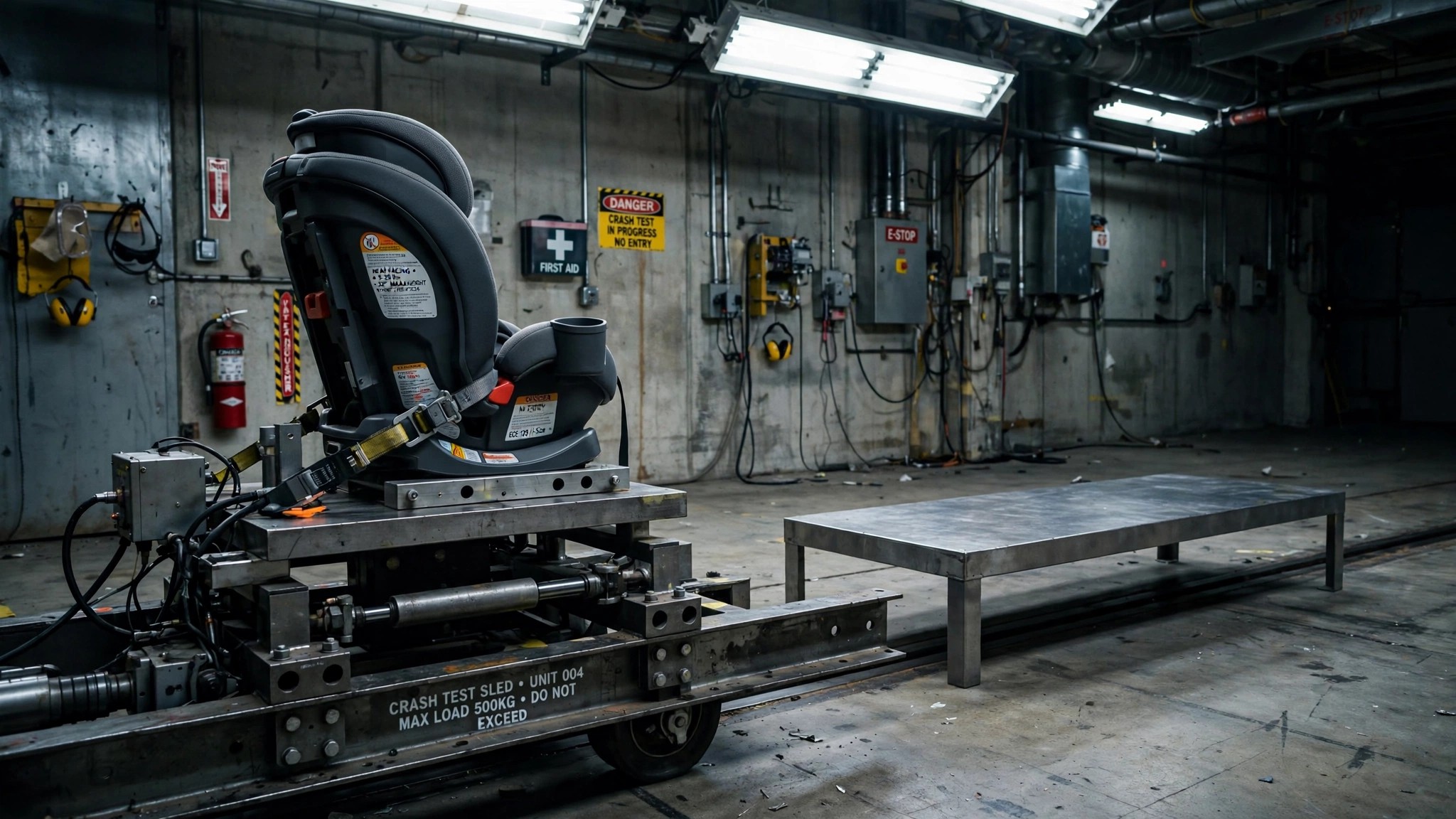 A child car seat on a bare crash test bench with no vehicle seatback