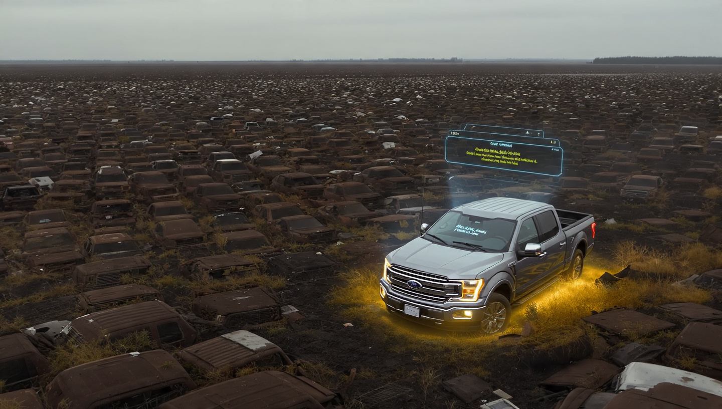A Ford dealership service bay juxtaposed with aging Ford trucks on a rural road, illustrating the gap between recall capability and fleet reality
