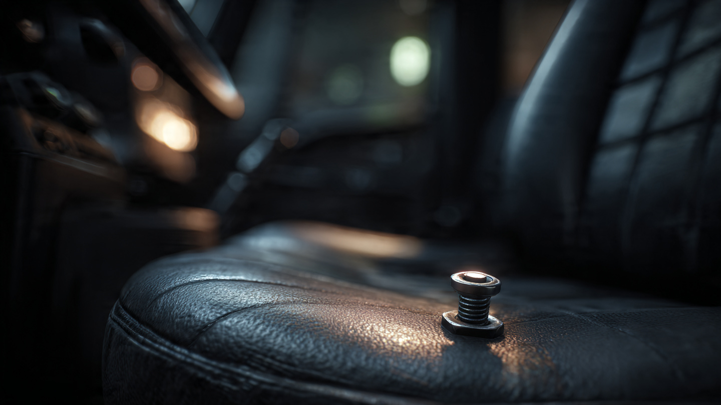 Close-up of a truck cab interior with an empty driver seat, highlighting a loose bolt on the floor