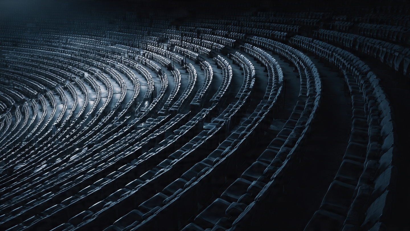 A somber visualization of an empty stadium representing 45,540 excess traffic deaths