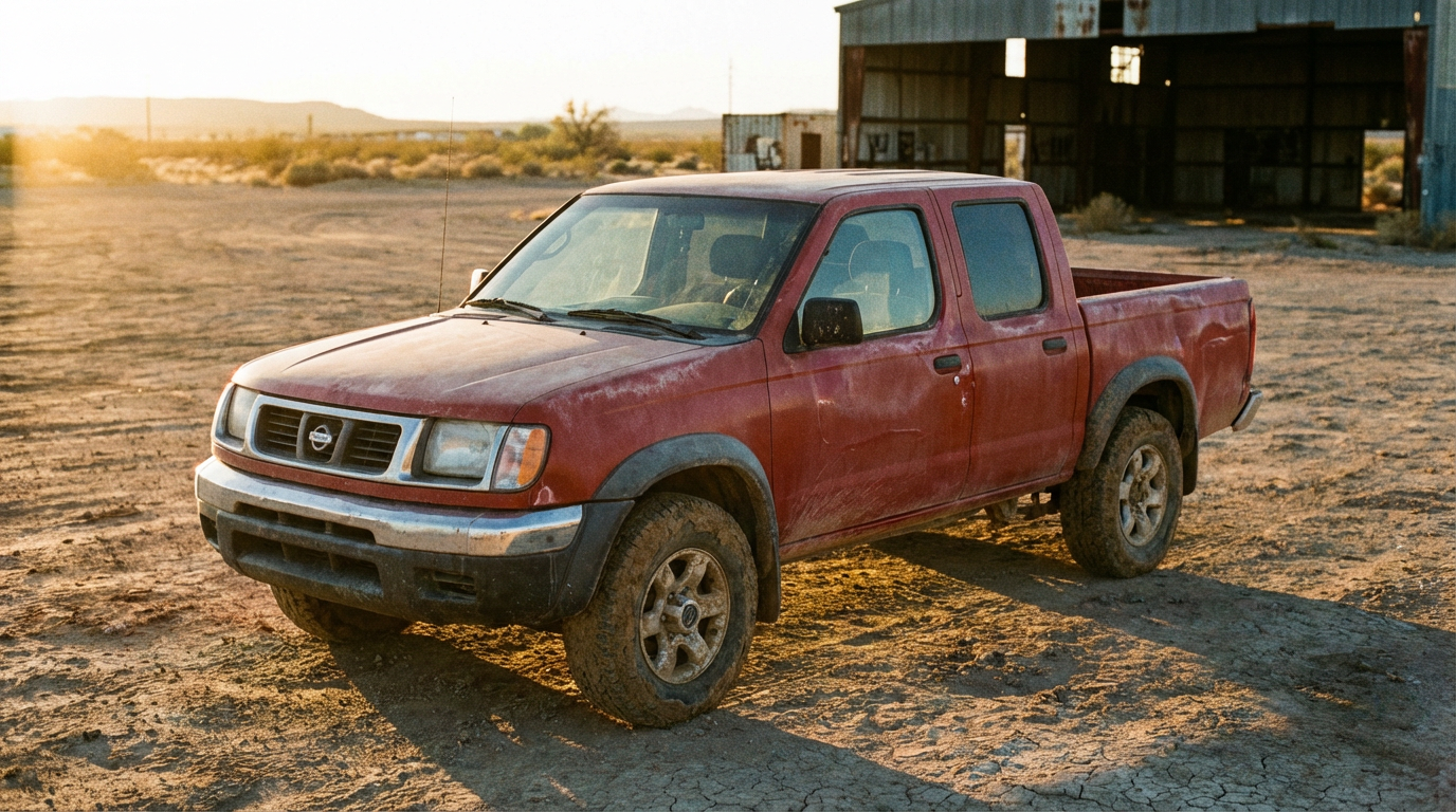 Dusty Nissan Frontier pickup truck in a desert setting