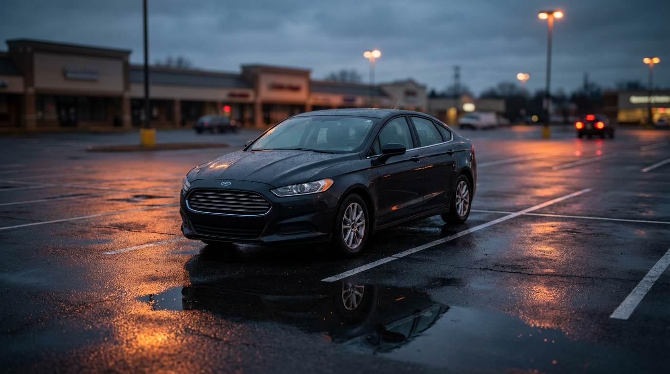 Ford Fusion sedan in a moody parking lot at dusk