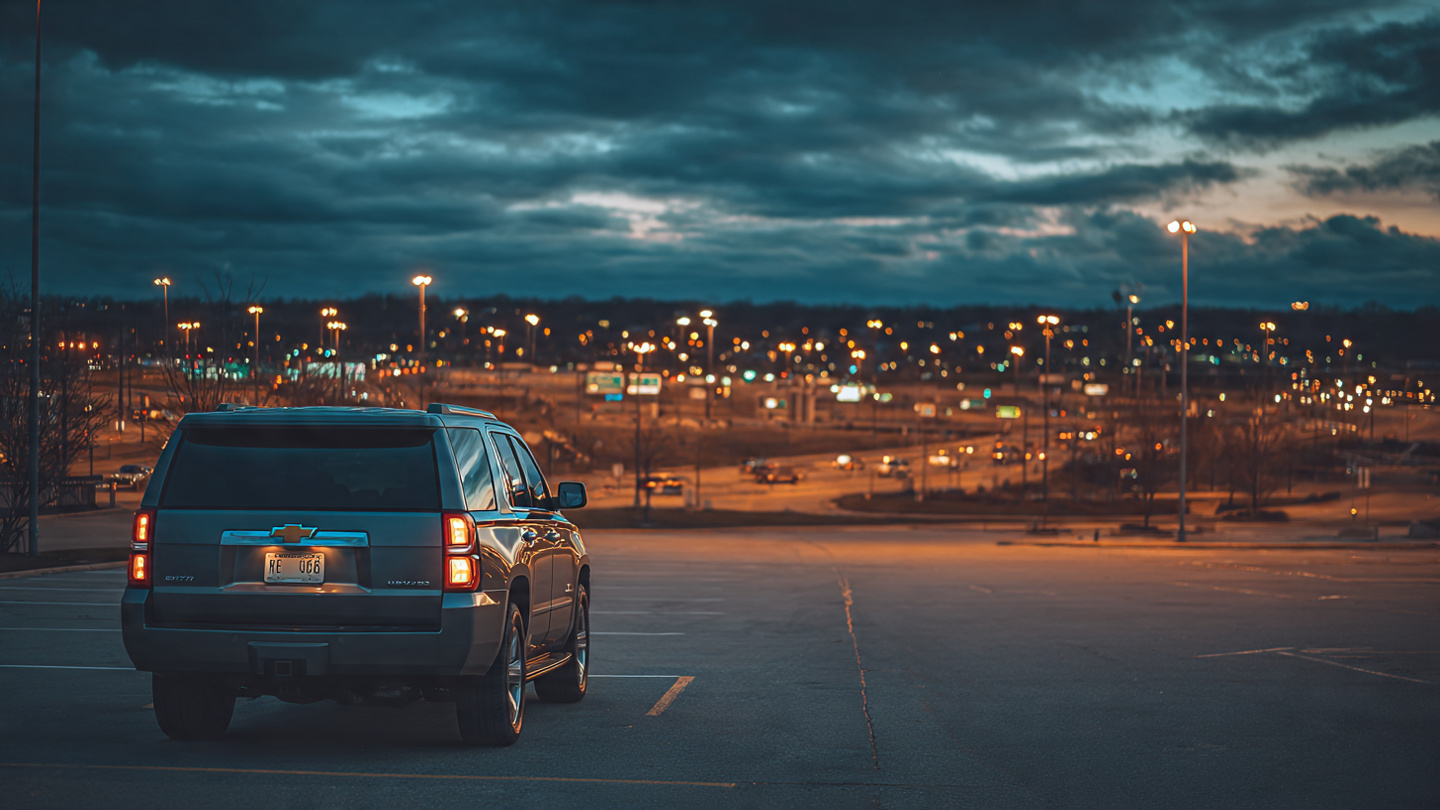 GM vehicle backing up in parking lot with highway stretching into distance