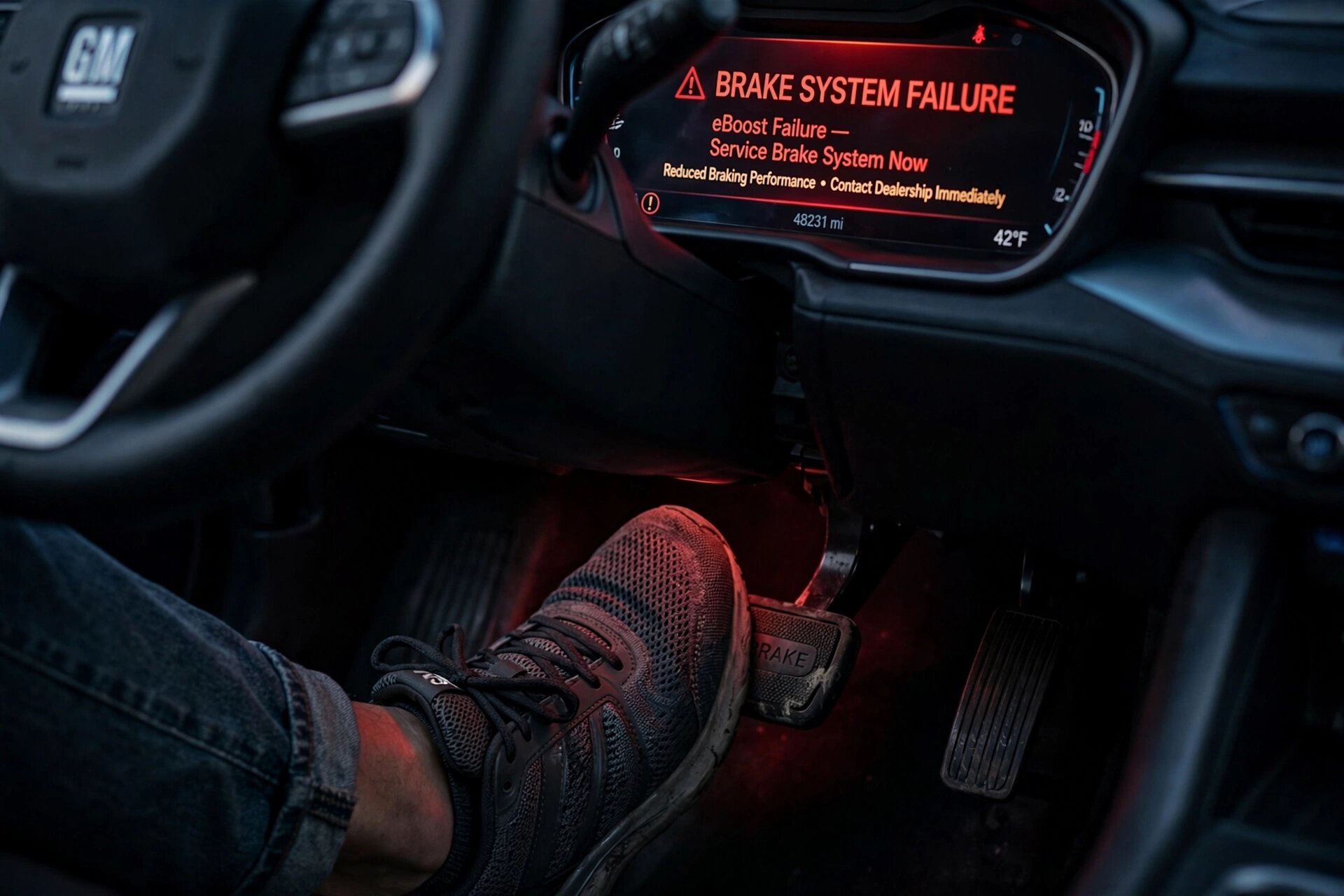 Driver's foot pressing hard on brake pedal with red BRAKE SYSTEM FAILURE warning on dashboard display