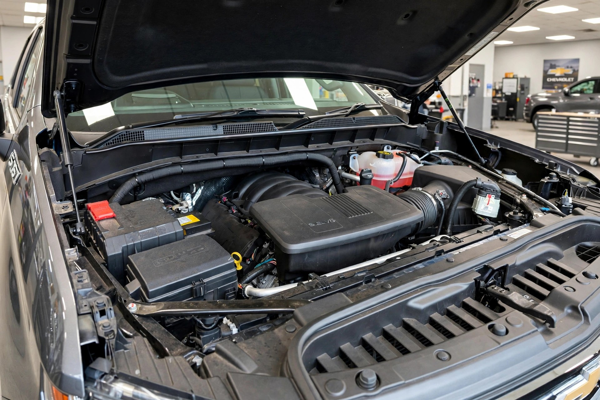 GM L87 V8 engine on service lift with oil bottles and recall notice showing thicker oil fix failed