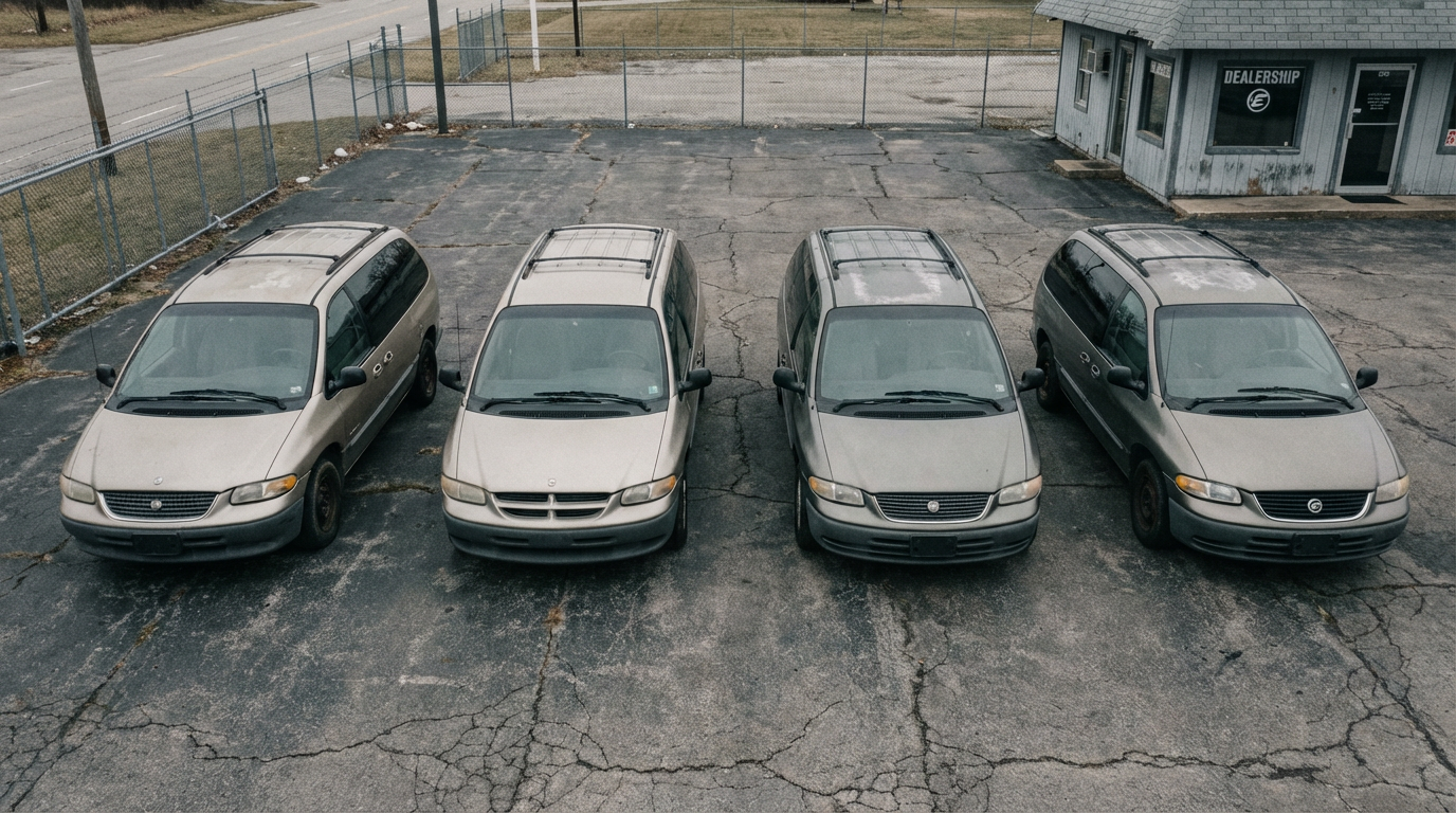 A row of identical minivans with different badges in a dealer lot