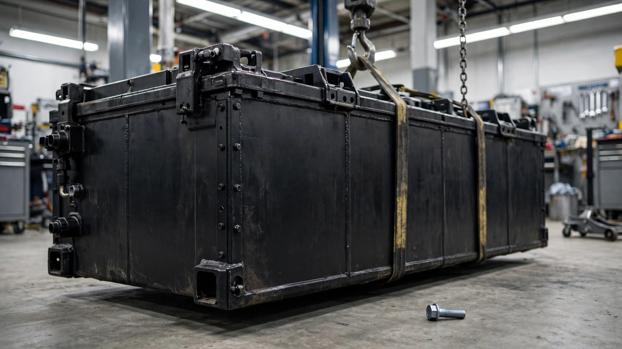 Sealed EV battery pack being removed from a GM truck chassis on a dealership lift