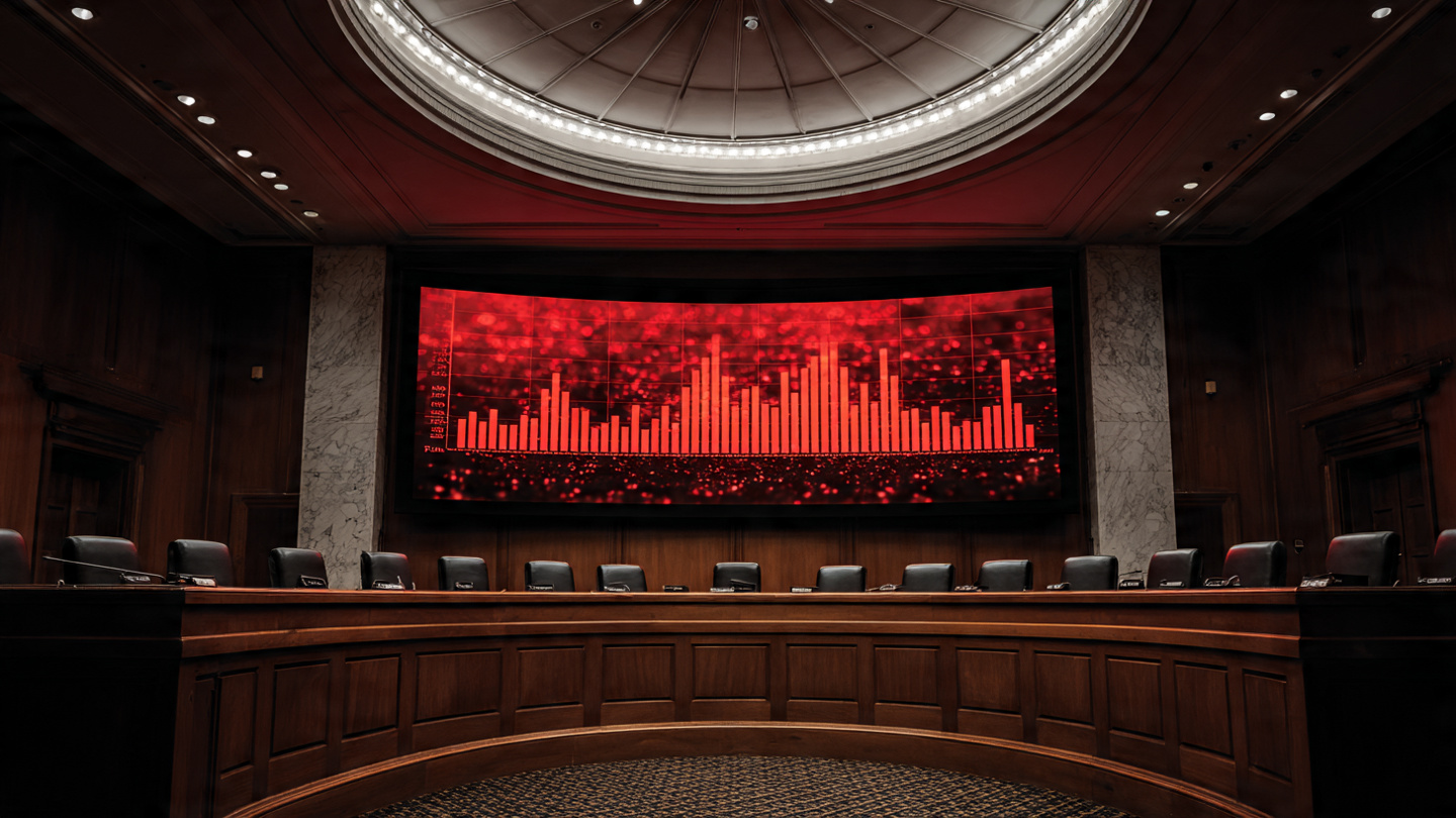 Empty Congressional hearing room with alcohol crash fatality statistics projected on a screen