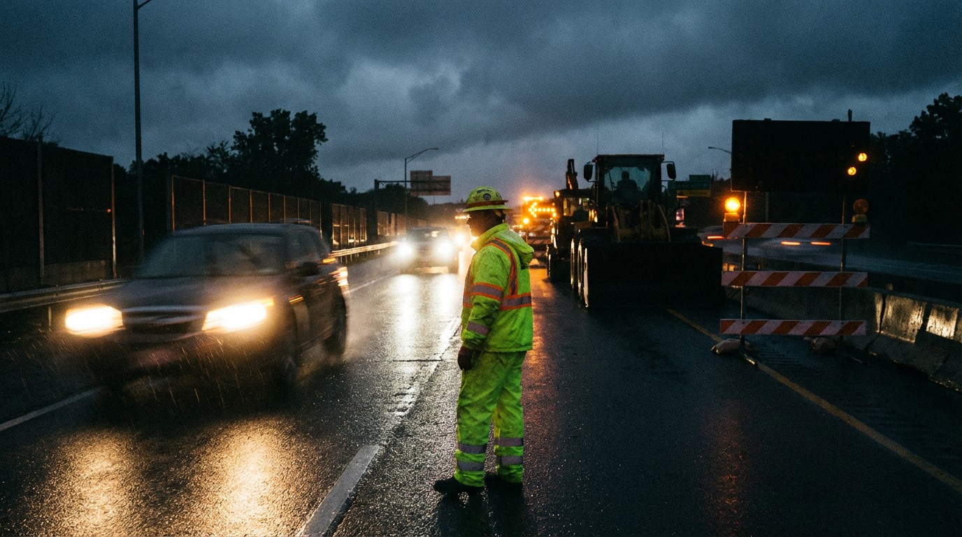 Road worker in hi-vis vest at night, invisible to approaching car AEB system