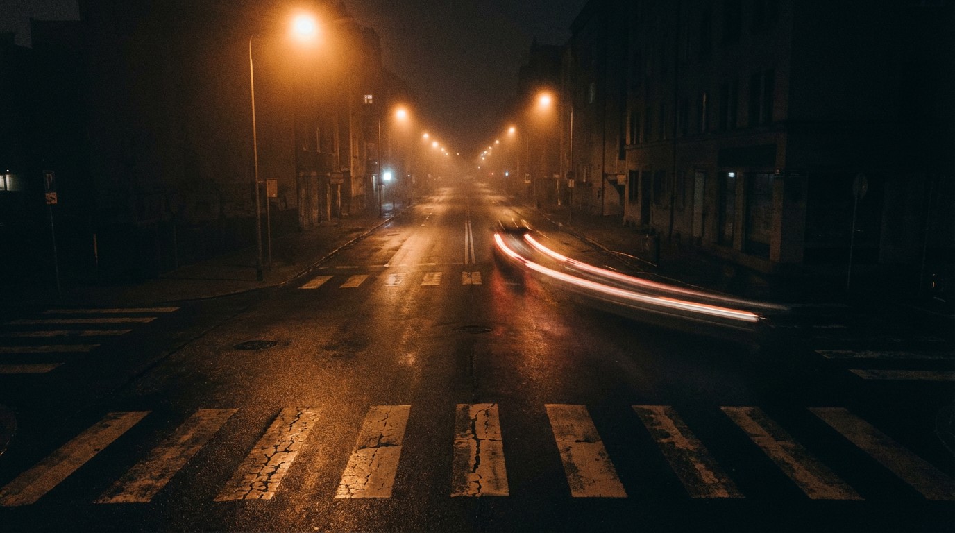 A dark, rain-wet urban road at night with headlight streaks disappearing into the distance