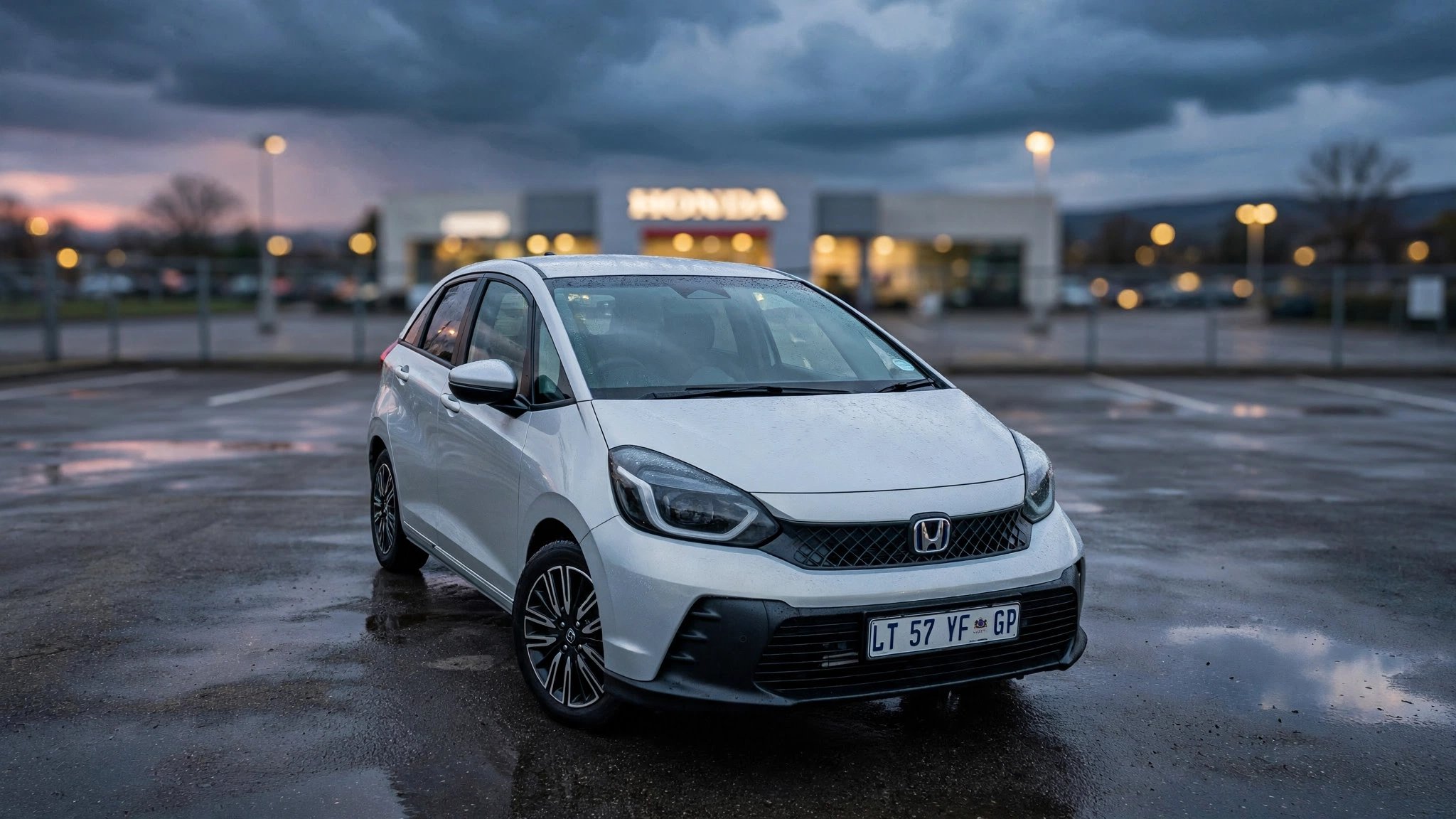 A Honda Fit parked alone in an empty dealership lot at dusk, price sticker still visible in the windshield