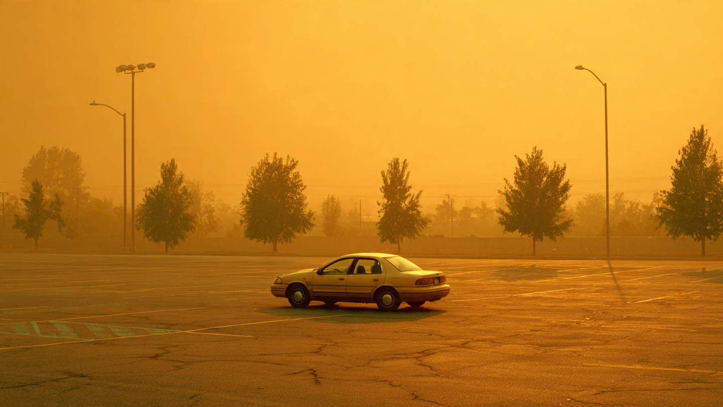Empty parking lot on a blazing hot summer day with heat shimmer rising from asphalt