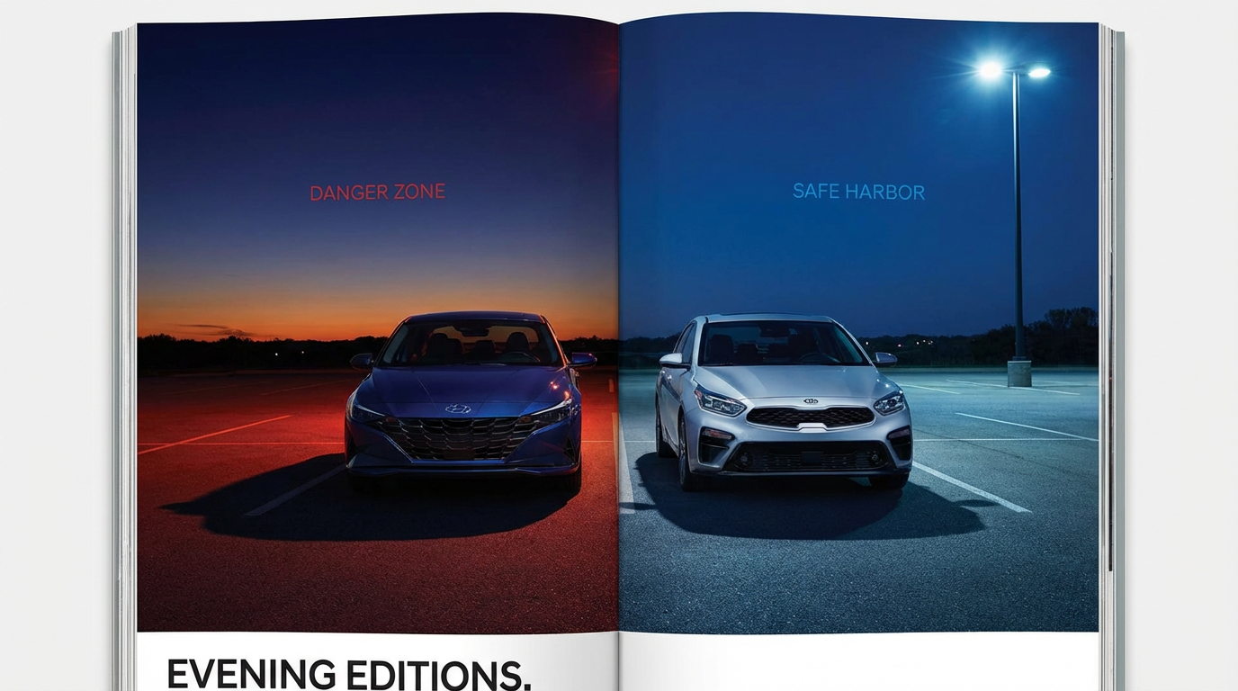 Hyundai Elantra and Kia Forte sedans side by side in dramatic lighting