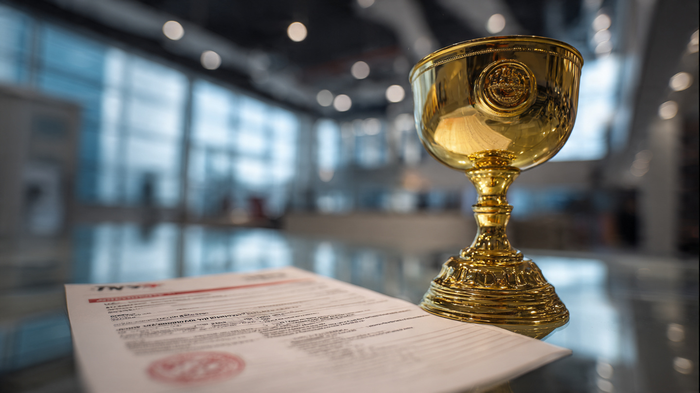 Split image of an IIHS safety award trophy next to a NHTSA recall notice stamped across a Hyundai badge