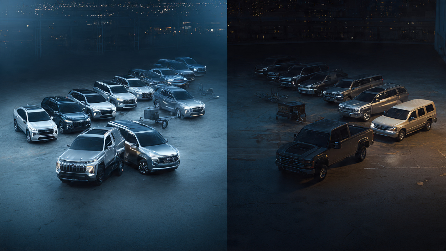 Split image of a gleaming SUV with a safety award trophy beside a faded minivan in a crash test facility, illustrating the divergence between awarded and unawarded vehicle classes