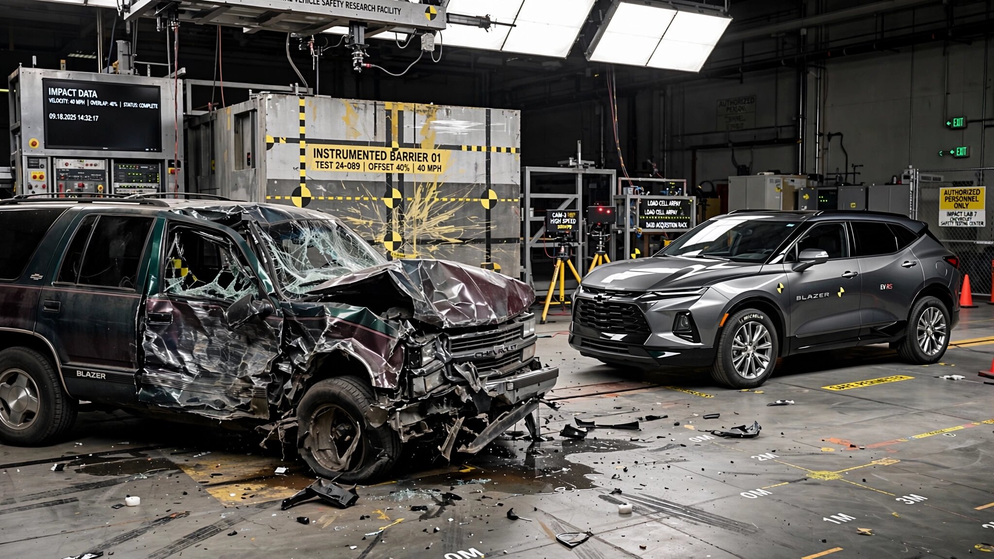 A destroyed 1996 Chevrolet Blazer next to an intact 2026 Blazer after an IIHS crash test