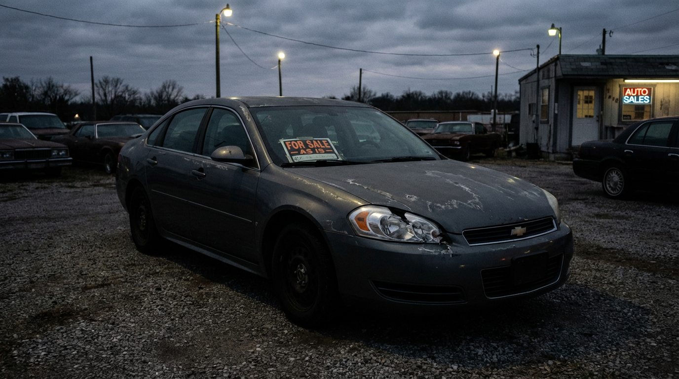 Worn Chevrolet Impala on a used car lot
