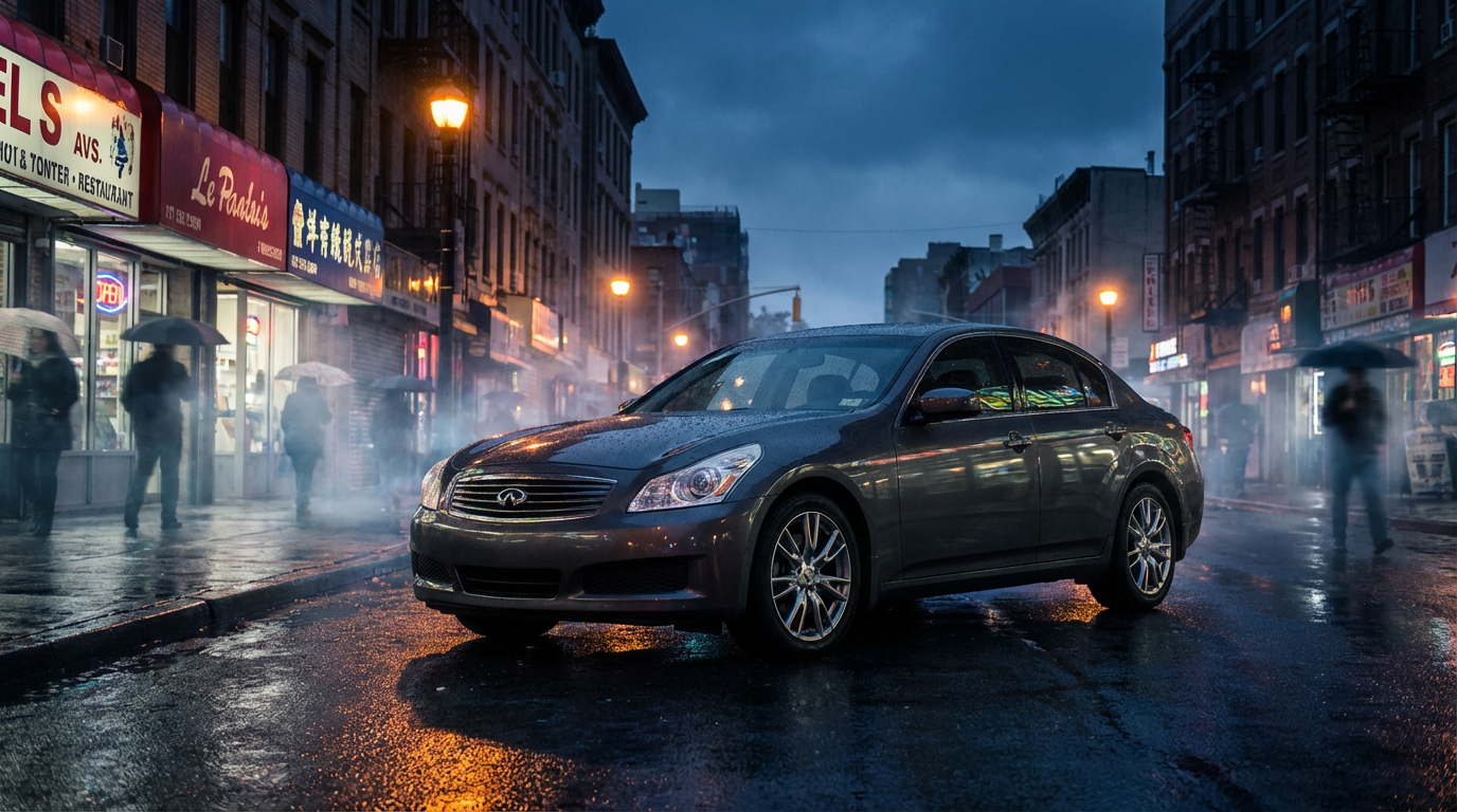 Infiniti sport sedan on wet city street at night