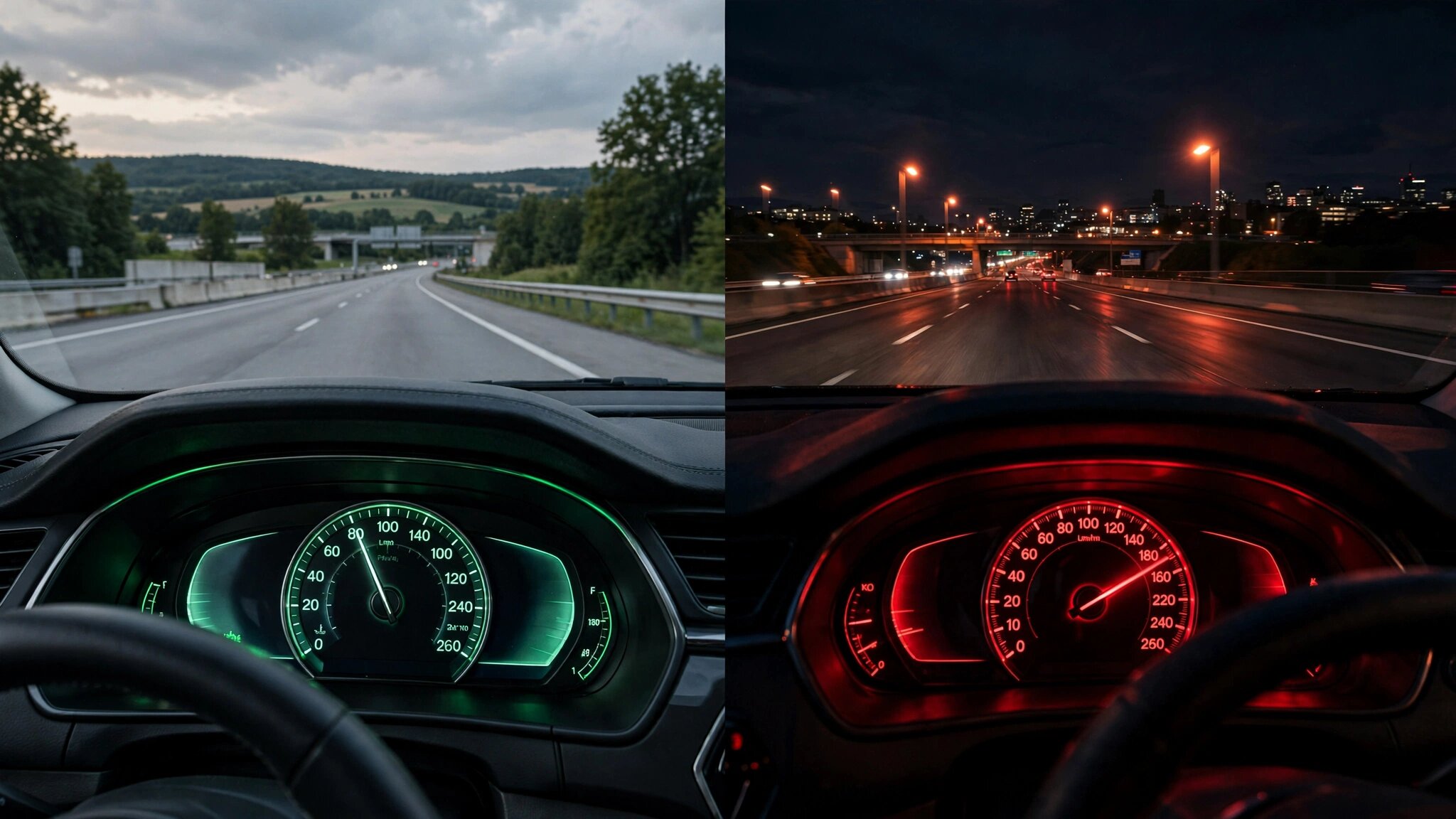 European and American speedometers side by side, one with speed limit overlay, one without