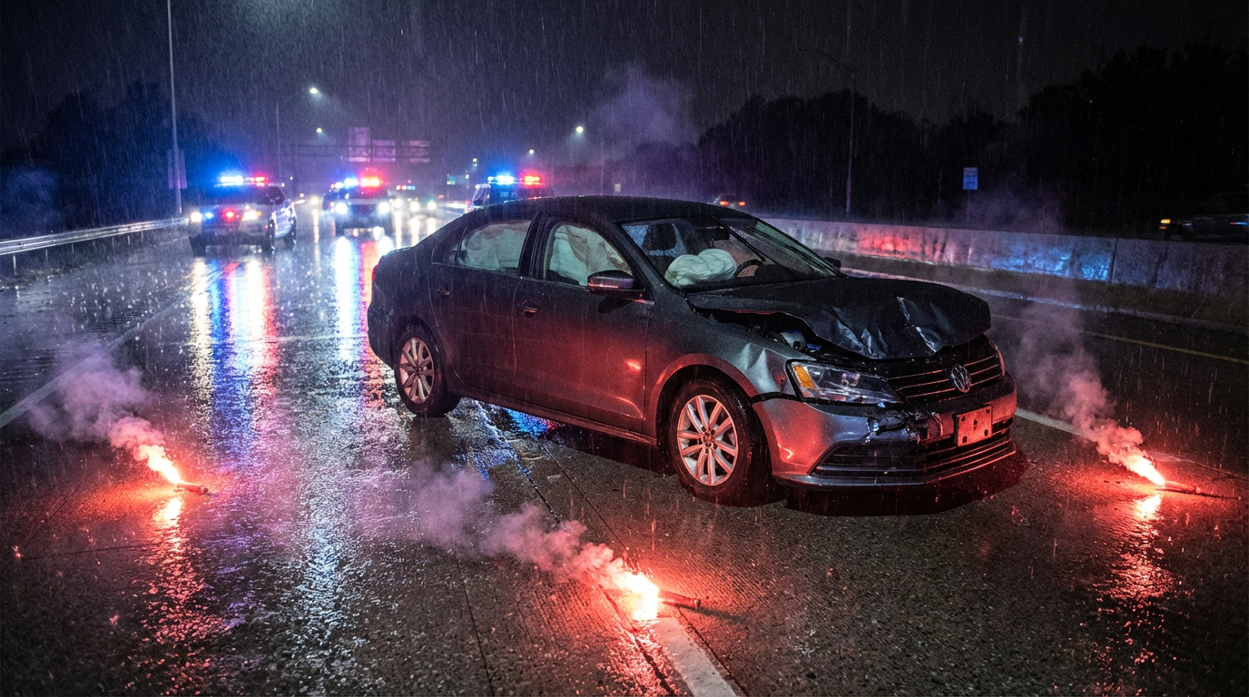 Wrecked Volkswagen Jetta on a rain-soaked highway at night