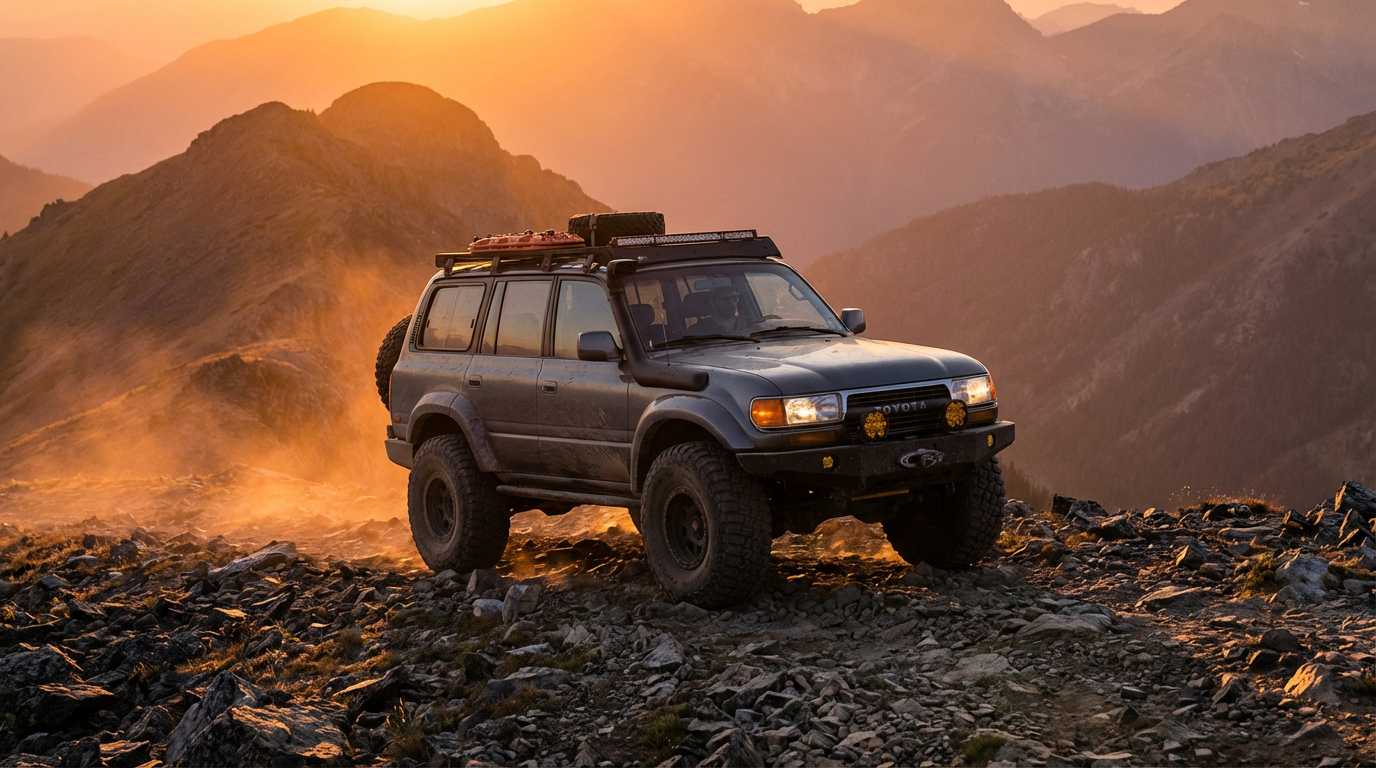 Toyota Land Cruiser on a dramatic mountain landscape
