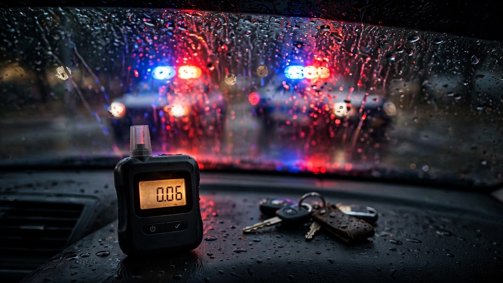 A breathalyzer showing 0.06 BAC on a car dashboard at night with police lights in the background