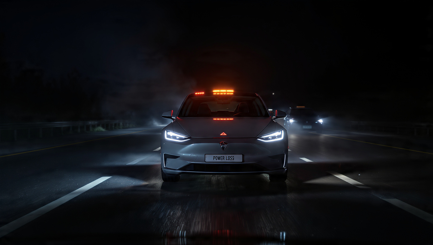 Lucid Air sedan on a dark road with power warning display