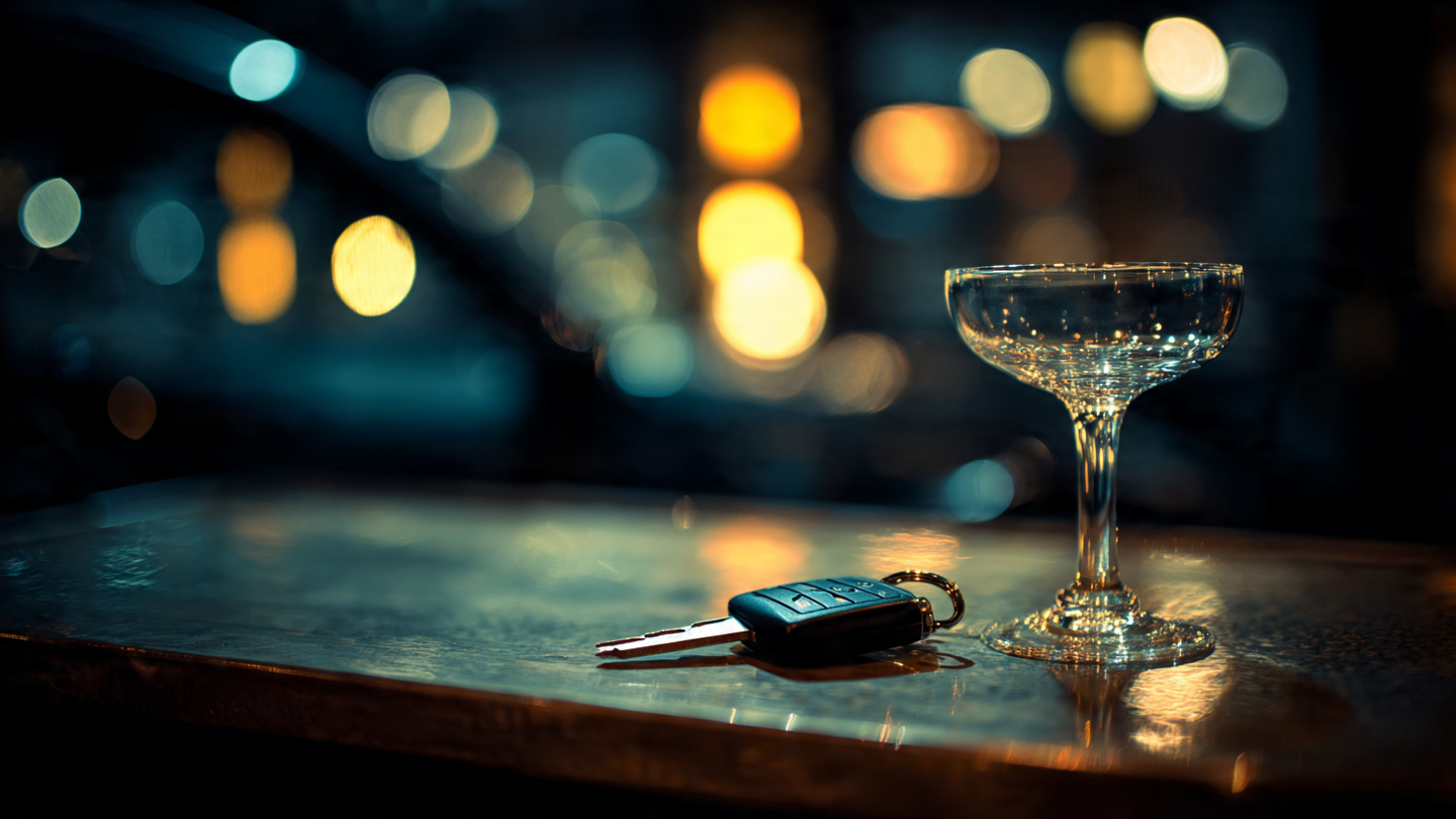 Luxury car keys on bar counter next to cocktail glass