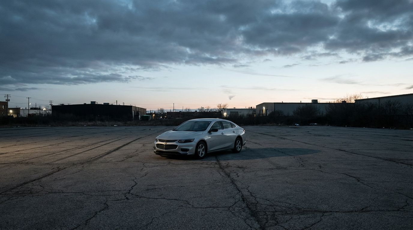 A silver Chevrolet Malibu parked in an empty lot at dusk