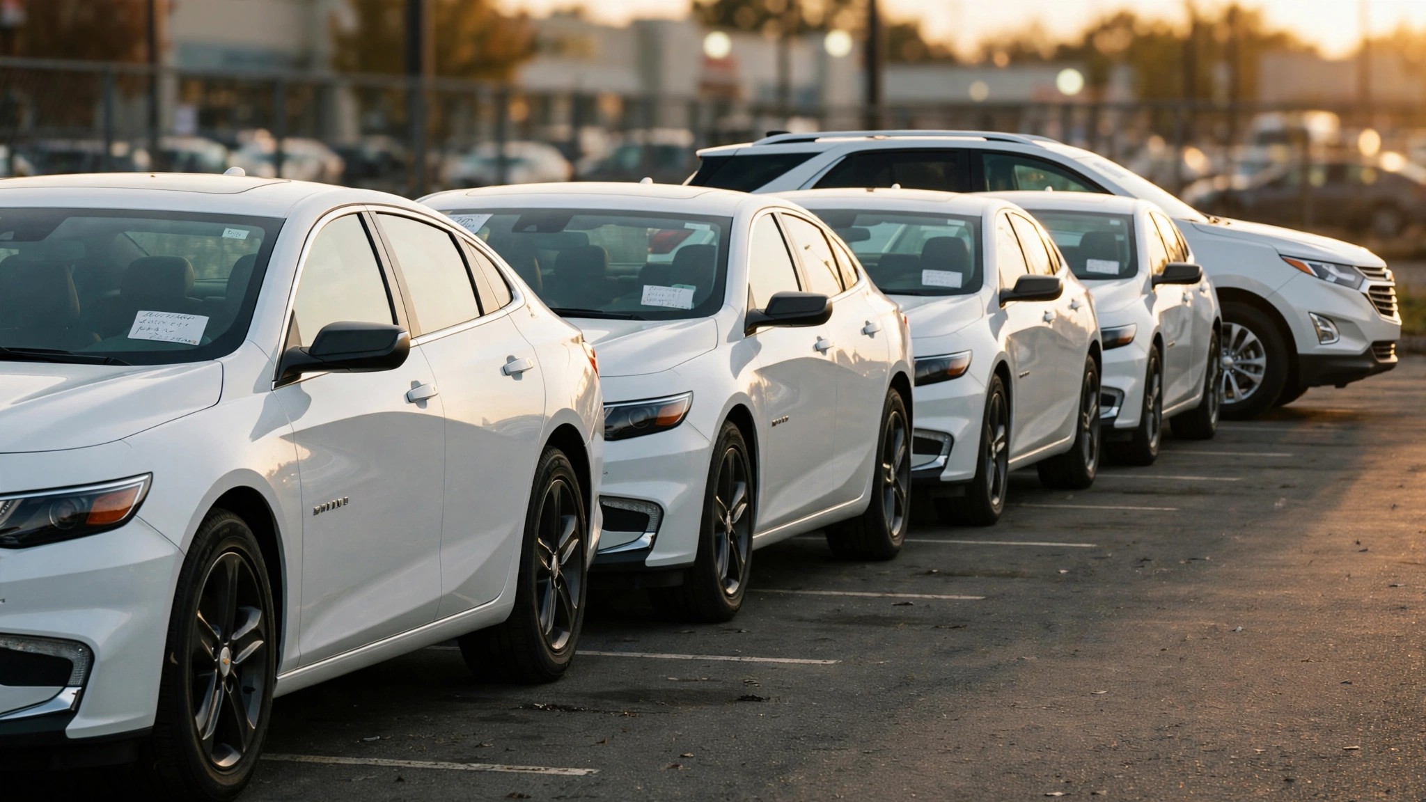 Rows of Chevrolet Malibus on a used car lot