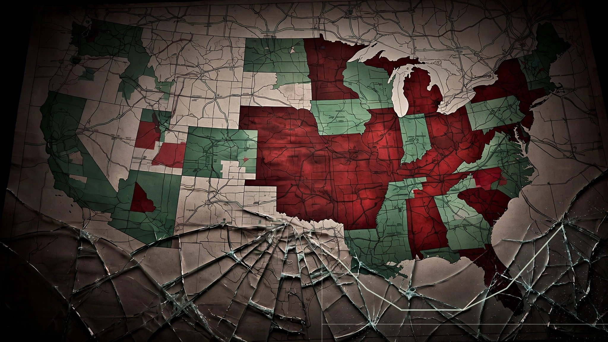 Dark map of US states with red and green highlighting showing traffic death trend divergence