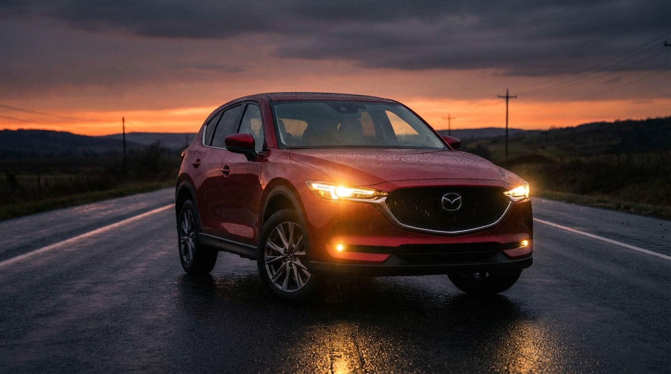 Red Mazda CX-5 on an empty highway at dusk