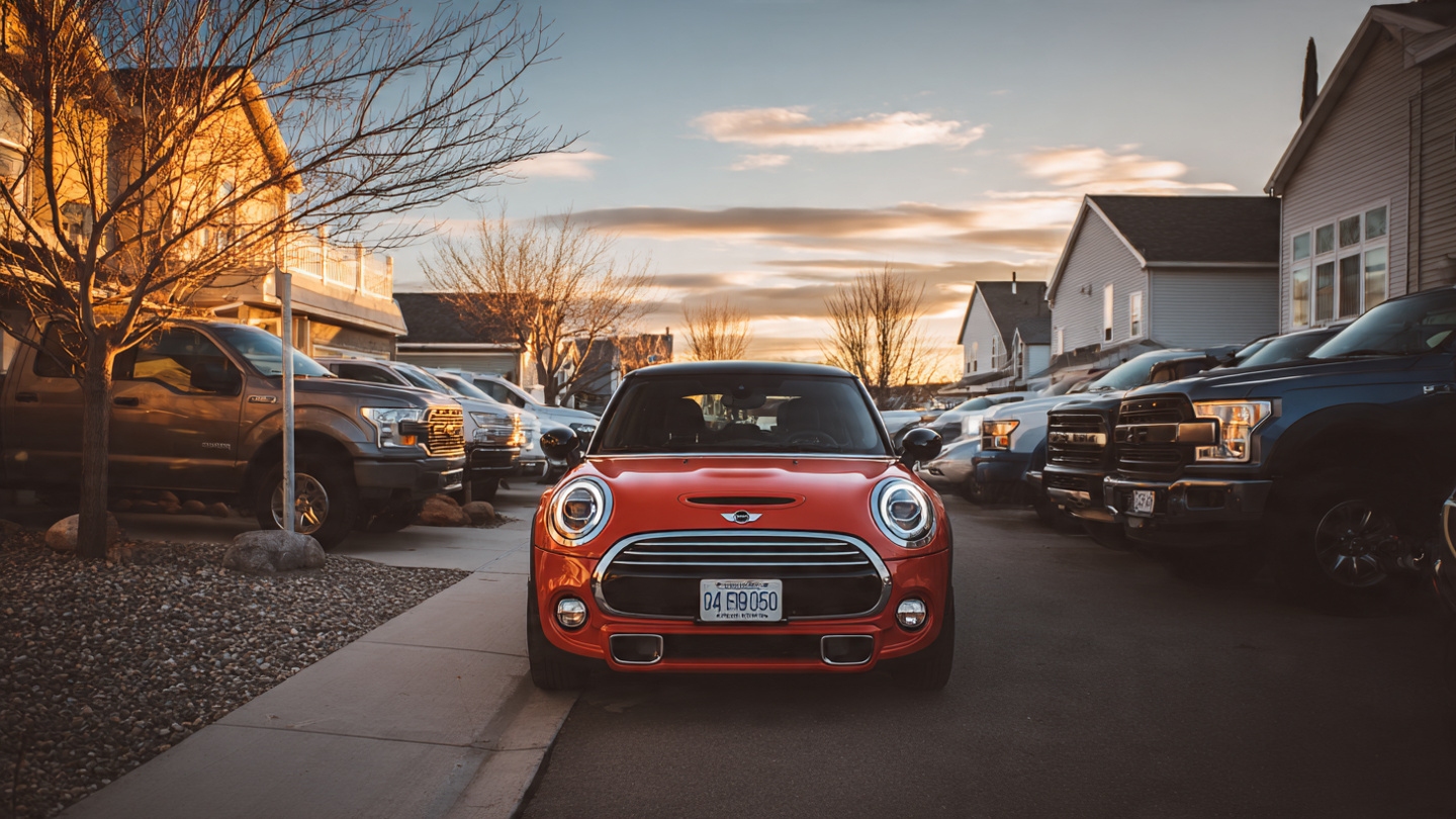 Mini Cooper on a city street, a small premium car with outsized crash lethality