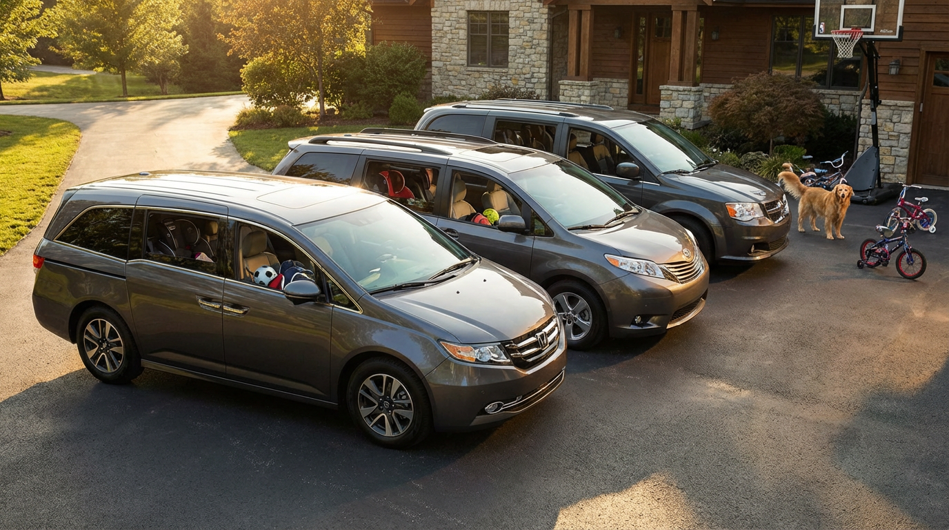 Minivans parked in a suburban driveway at golden hour