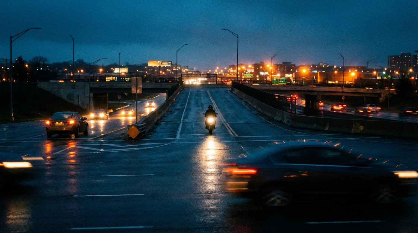 Motorcycle rider approaching a line of cars on a highway at dusk, camera sensor overlay showing detection failure